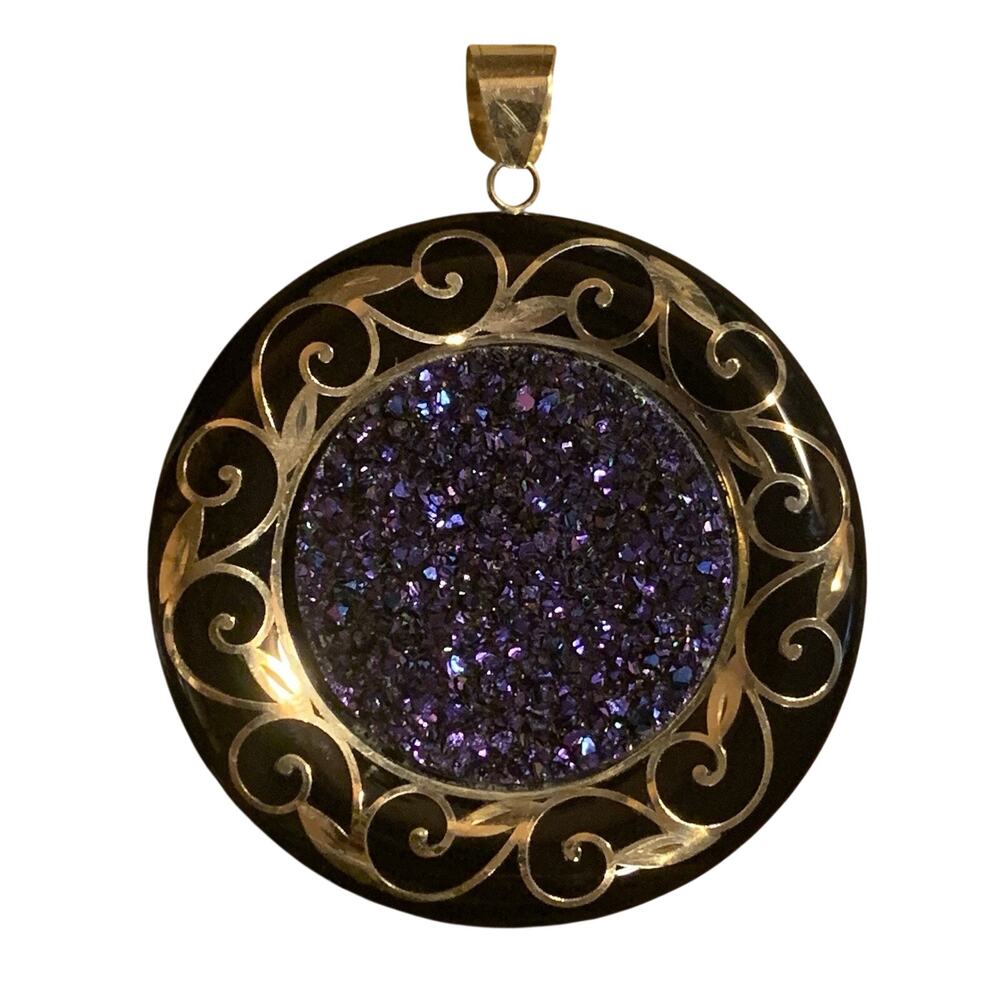 14K Yellow Gold, Black Onyx and Druzy Large Statement Pendant